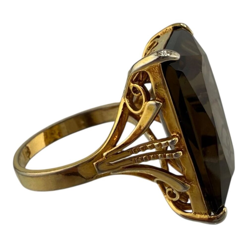 Womens Ring Size 8.5 Smoky Quartz 18K Gold Plated Filigree Faceted Rectangular - Picture 3 of 14